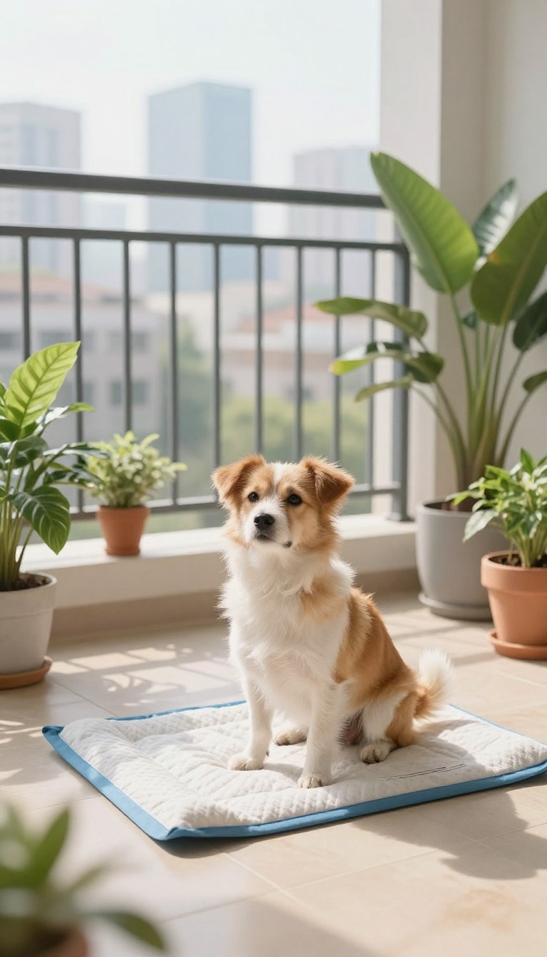 A small dog sitting on a balcony with a pee pad, overlooking a city skyline, in soft morning light.