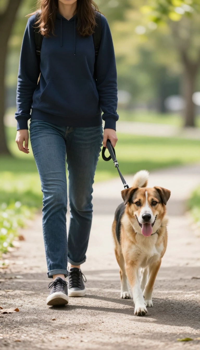 Person walking a dog on a loose leash in a sunny park, dog training concept