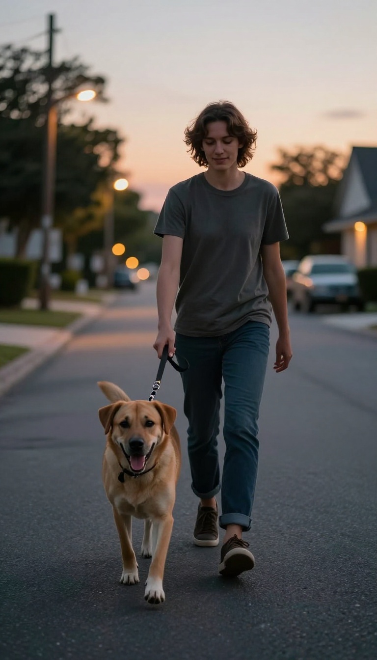 A person walking a dog at dusk on a quiet street, the dog looking calm and tired, illustrating a pre-bed walk to reduce nighttime barking.