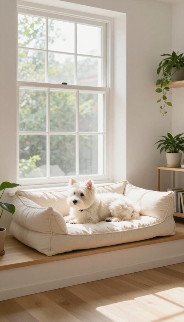 A small dog resting on a plush bed placed on a sunny window sill in a bright, cozy living room.