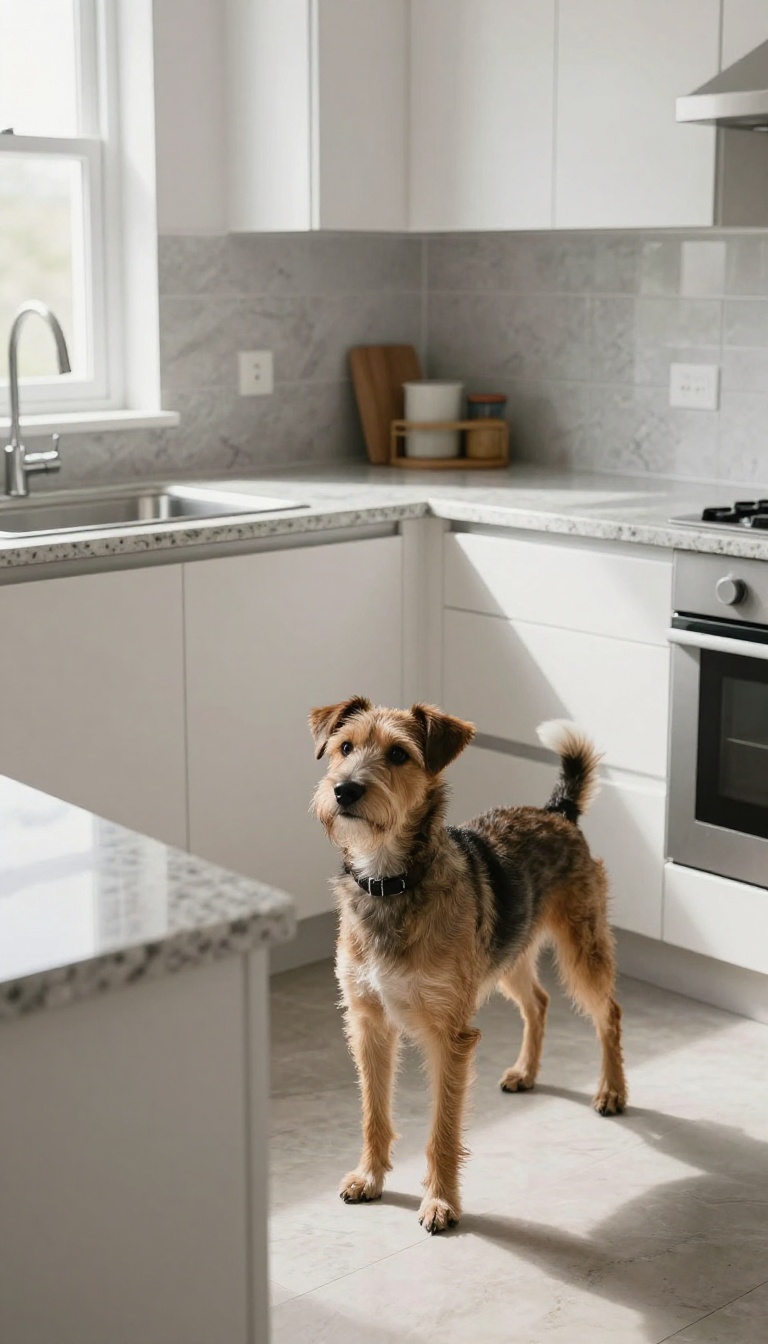 A clean kitchen counter with no food visible, and a dog looking up at it, illustrating the habit of clearing counters to prevent counter surfing.