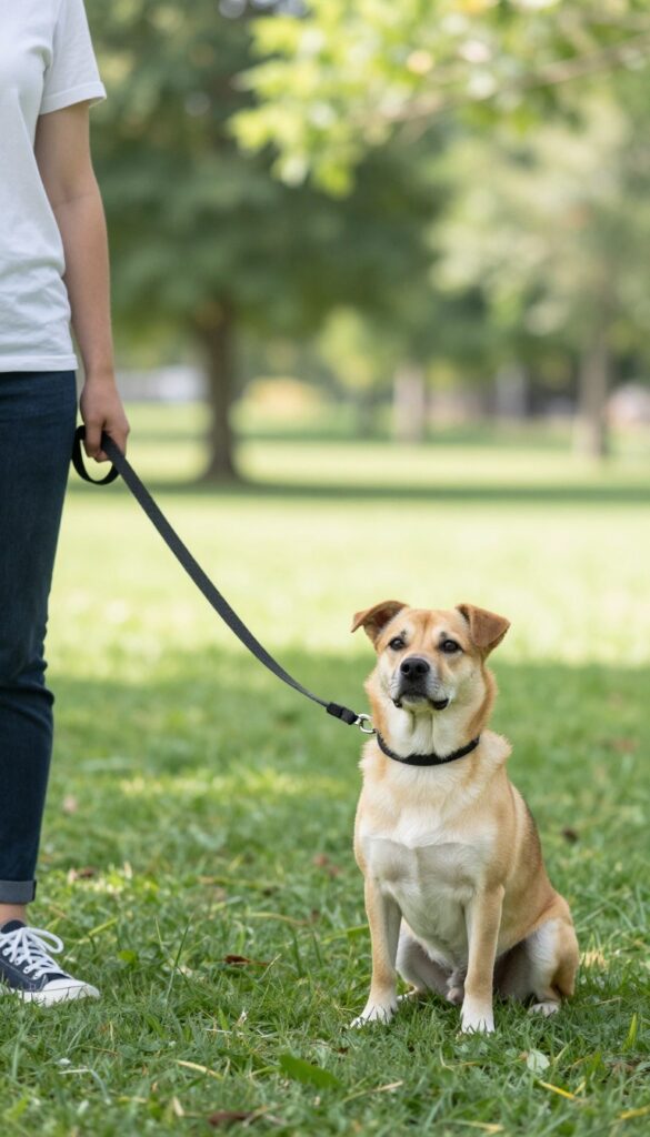 Person and dog playing red light green light in a park, dog sitting and looking at owner.