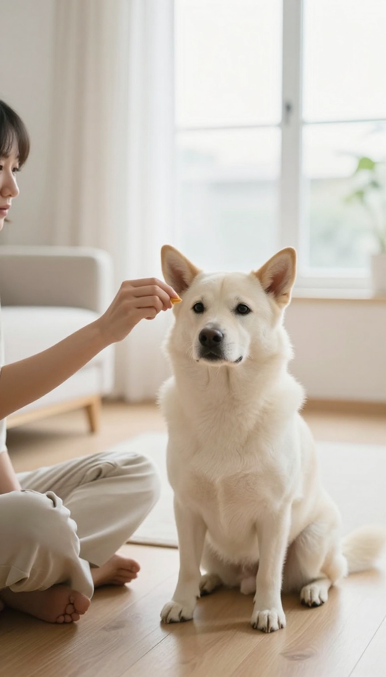 Person teaching dog to make eye contact with a treat near the face in a bright living room
