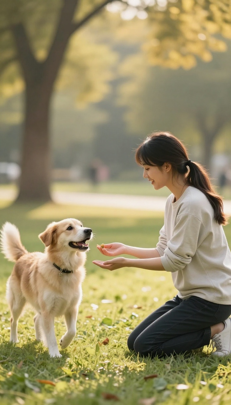 Dog owner rewarding a dog for coming when called in a sunny park