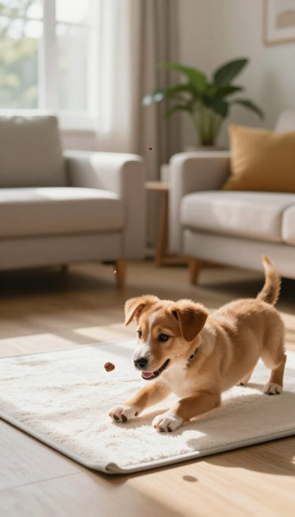 Puppy running to a mat during a training game in a sunlit room