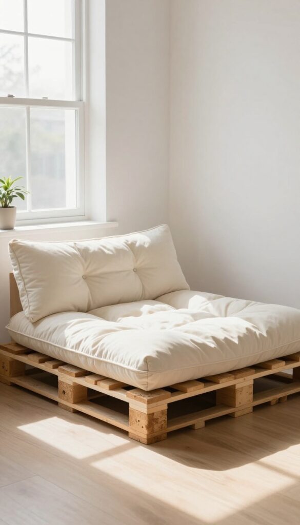 DIY pallet dog bed with whitewashed wood and cream cushion in a bright living room