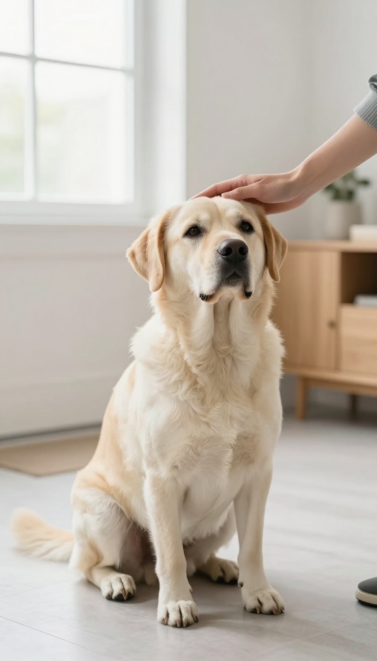 A calm dog sitting politely by the door as a person enters, illustrating consistent greeting training.