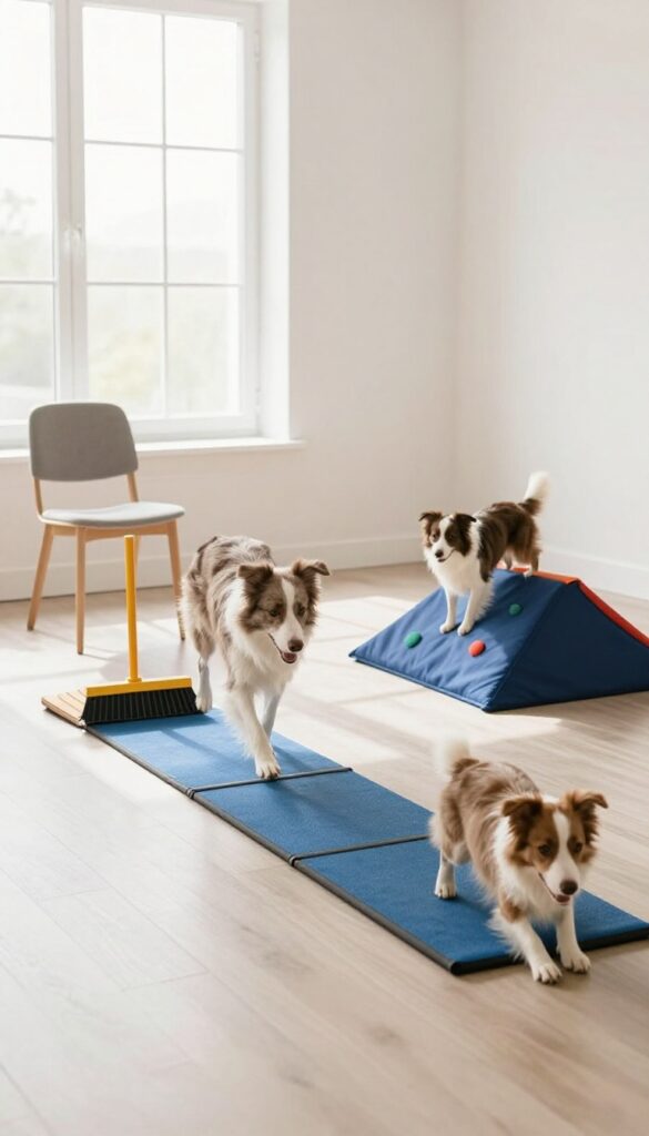 Dog jumping over a broom handle obstacle in a living room indoor agility course