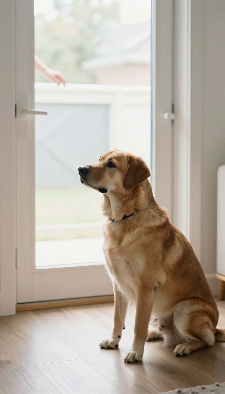 Dog sitting calmly near the front door while a visitor approaches outside