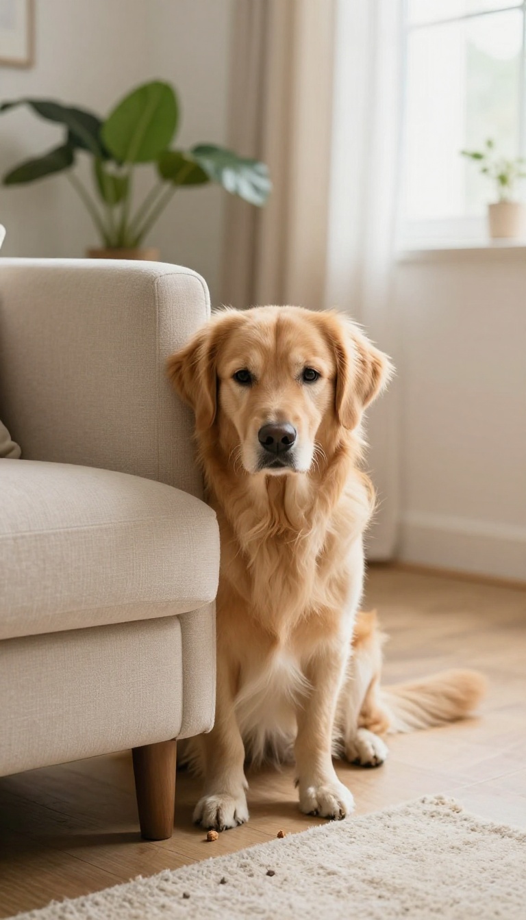 A golden retriever hiding behind a sofa in a bright living room, ready to play hide-and-seek.