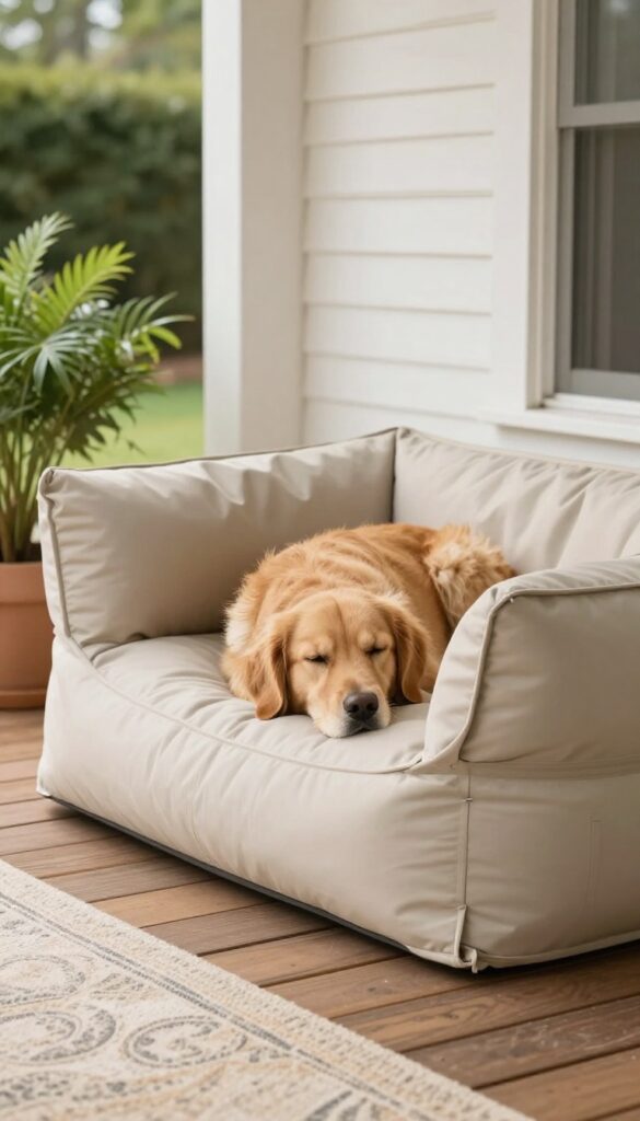 Dog resting on a waterproof bolster bed on a shaded porch