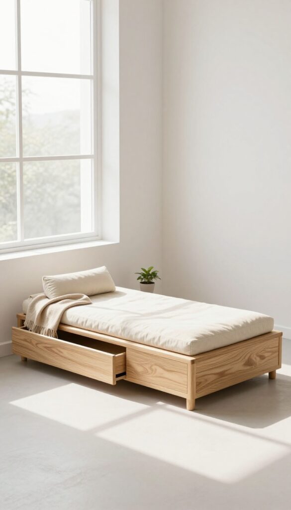 Modern platform dog bed with storage drawers in a bright, minimalist living room
