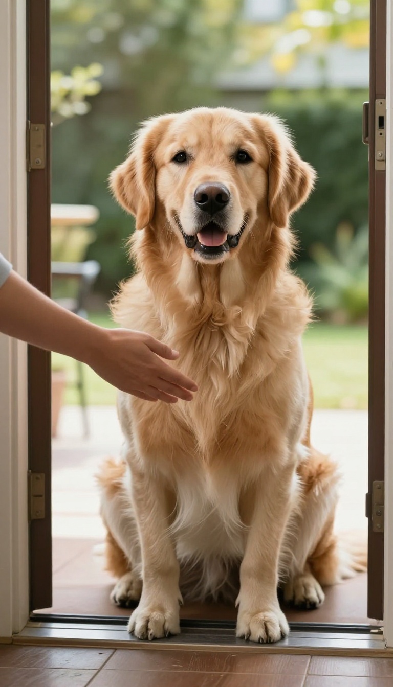 A calm dog waiting patiently at the door as a person kneels to greet it, illustrating the 'say hello' cue in dog training.