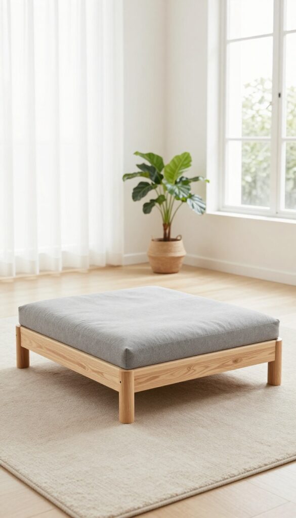 A minimalist wooden platform dog bed with a gray cushion in a bright, modern living room.