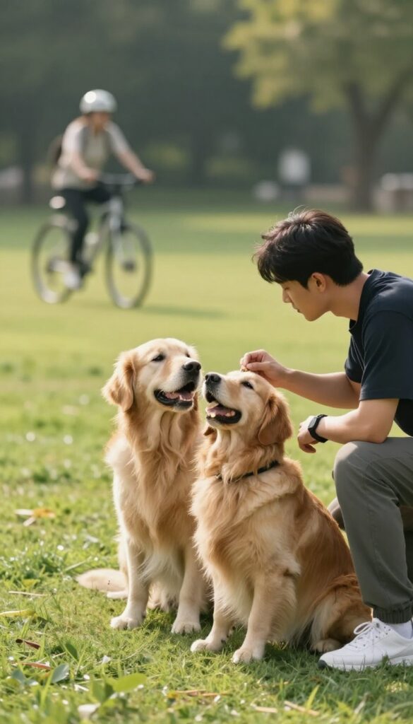 Dog trainer rewarding a golden retriever for looking at them instead of a distraction in the background