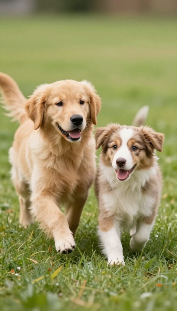 Two puppies playfully interacting in a sunlit backyard, demonstrating polite play behavior.