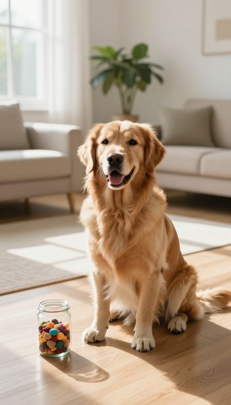 Golden retriever sitting patiently in a bright living room during a stay training session, with a treat jar nearby.