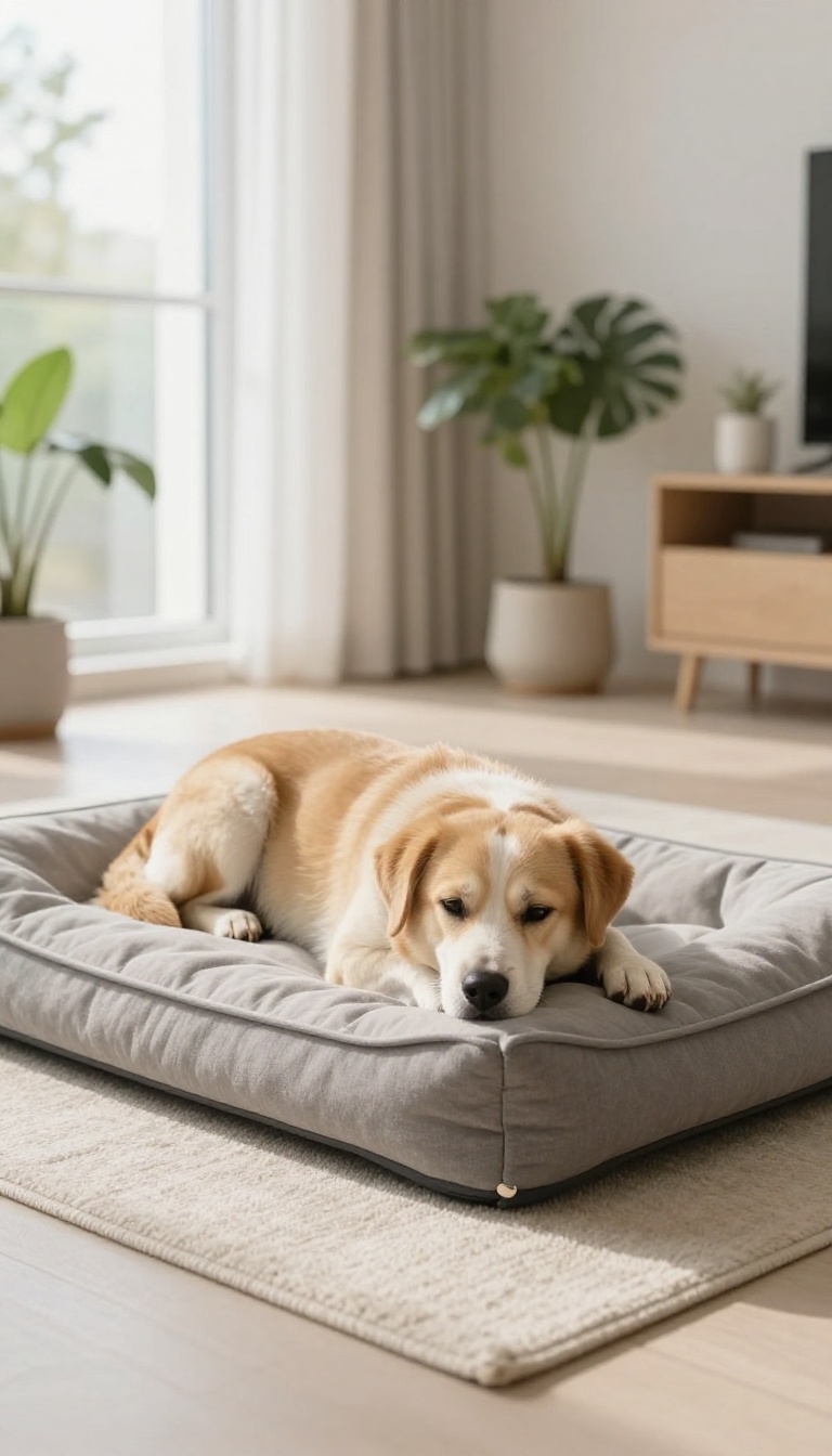 A calm dog resting on a bed in a bright apartment, exemplifying peaceful indoor behavior.