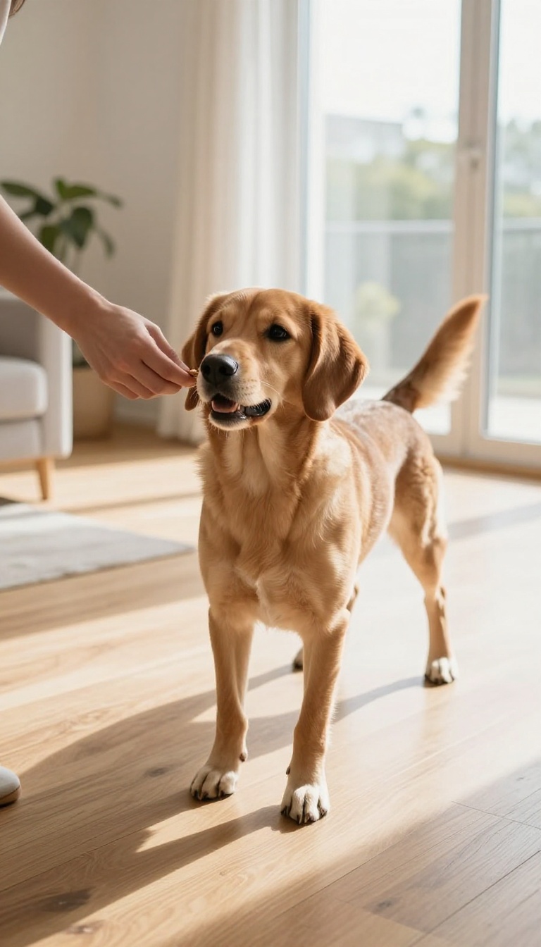 A dog performing a playful bow during clicker training in a bright living room, with a hand offering a treat.