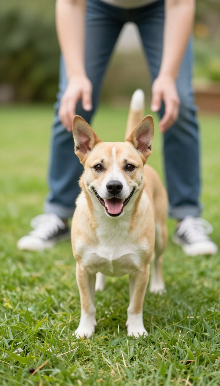 A dog in a stay position while the owner performs jumping jacks in a sunny backyard.