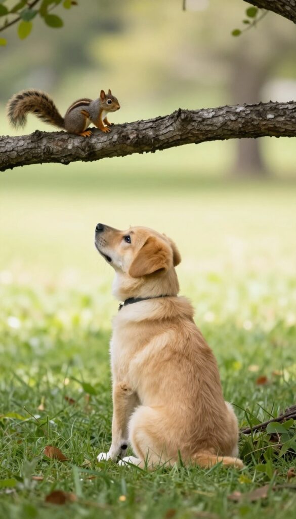 A puppy sitting calmly on grass, looking back at the camera while a squirrel is visible in the distance on a tree branch, illustrating a training exercise.
