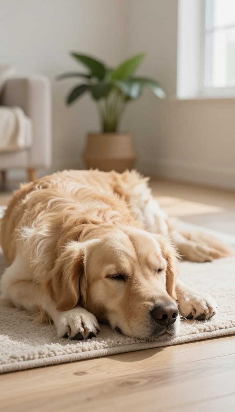 Golden retriever lying calmly on a mat in a bright living room, illustrating the Calm Down Game for dog training.