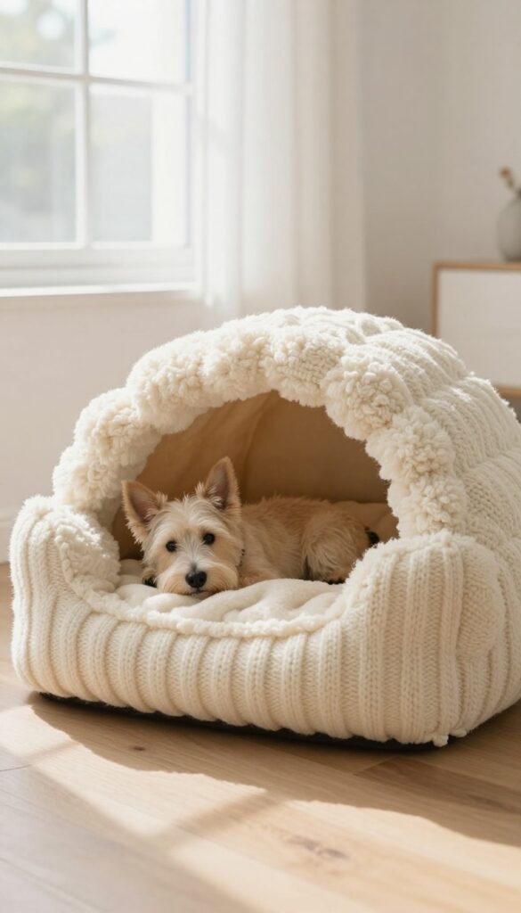 A cozy homemade dog bed made from an old sweater, shaped like a cave, with a small dog resting inside.