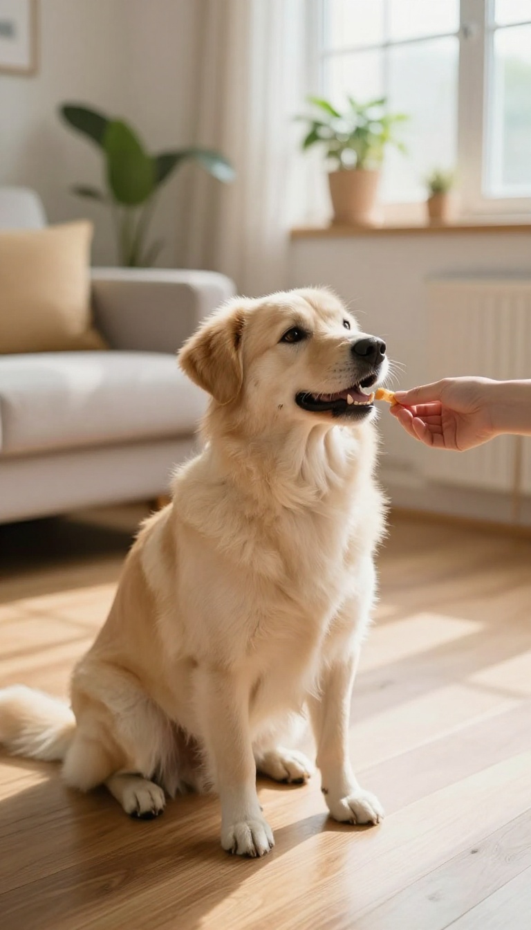 A calm dog sitting on a wooden floor looking at a treat in a hand, with soft natural light in a cozy room.