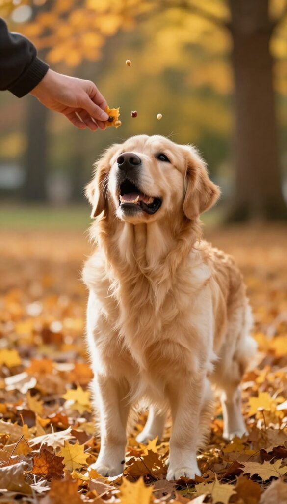 Golden retriever in autumn park enjoying a treat shower from owner during a recall training game