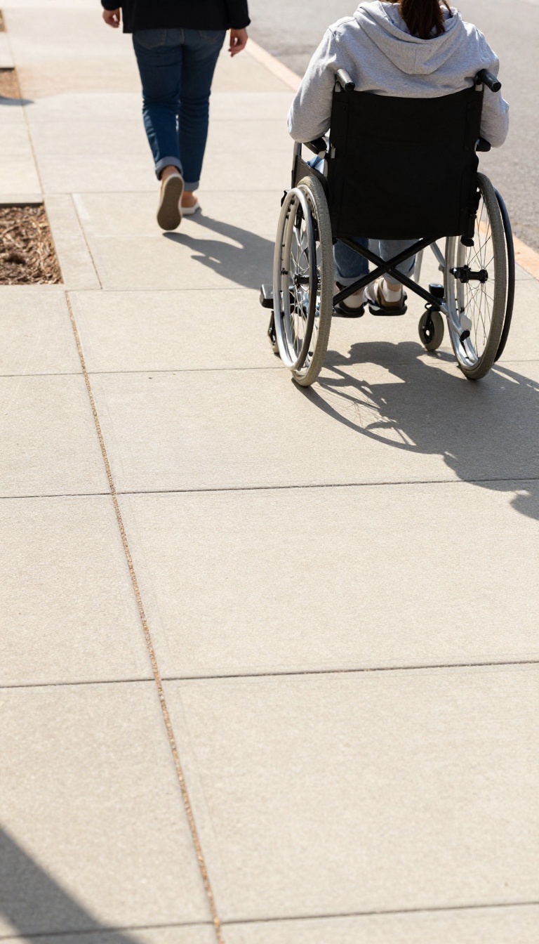 A person in a wheelchair using a curb cut ramp on a sunny sidewalk, while another pedestrian gives extra space.