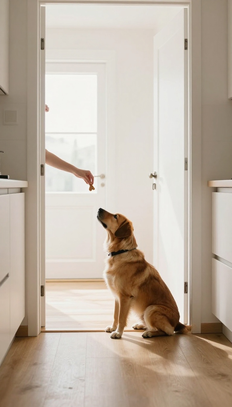 Dog sitting patiently by an open door during a morning training session
