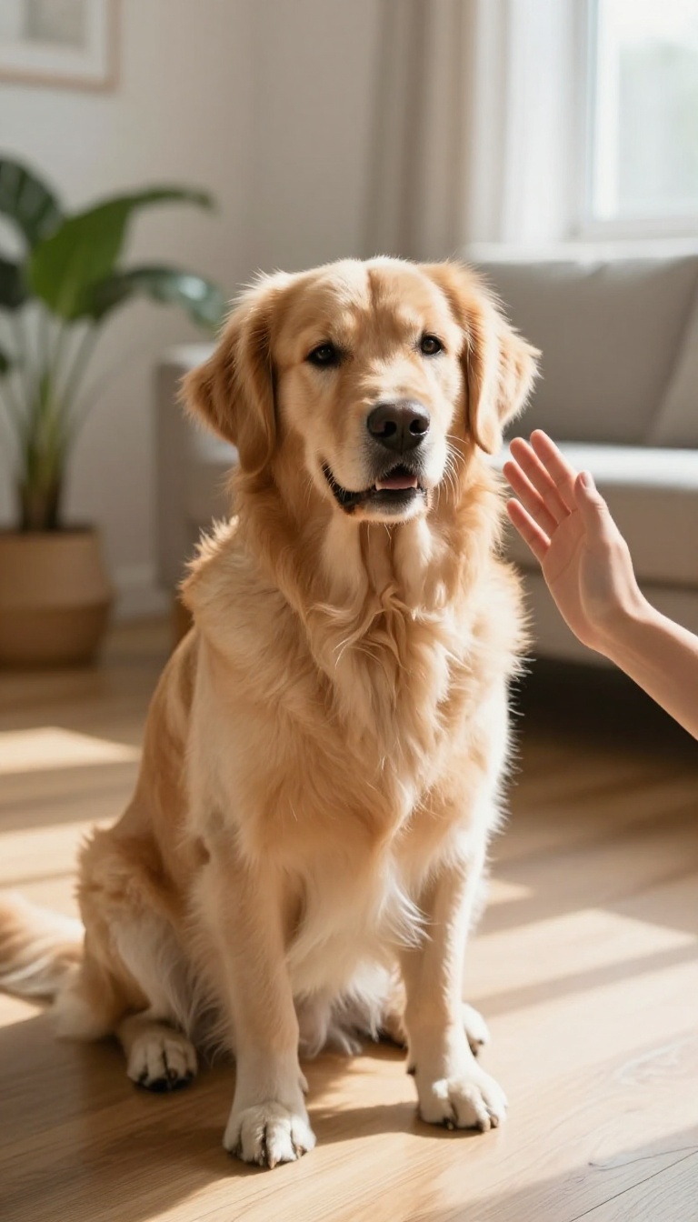 Person waving at a dog sitting on a wooden floor in a bright living room, with the dog lifting its paw in response.