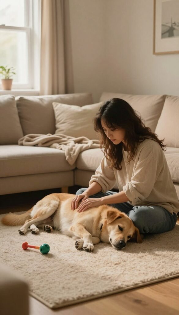 Person calmly petting a relaxed dog in a cozy living room, conveying patience and consistency in settle training.