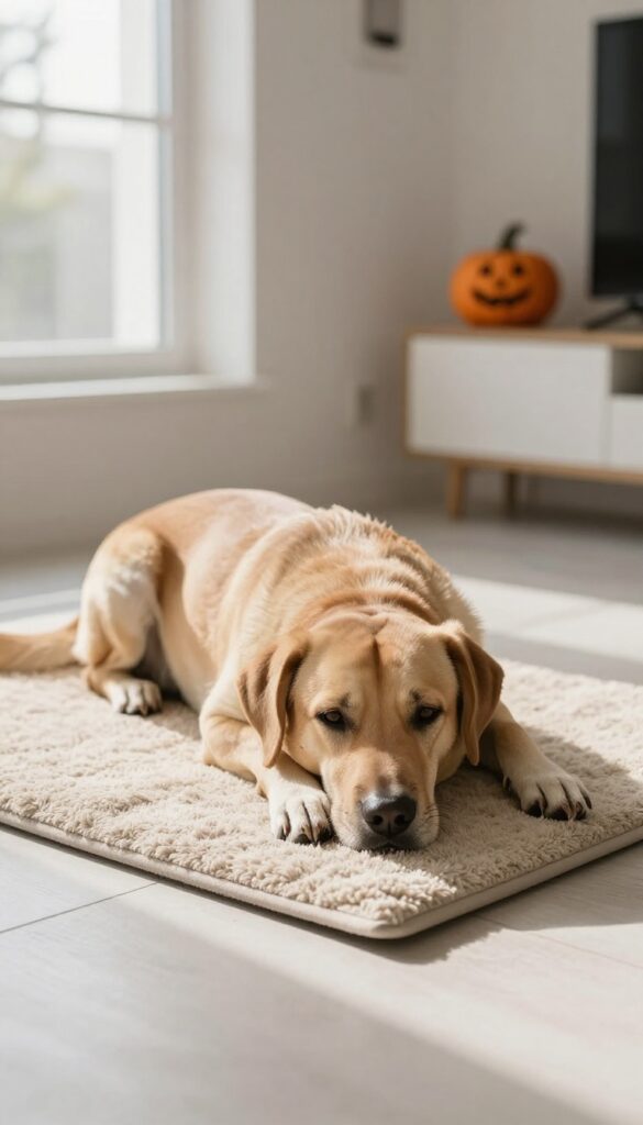 A calm dog lying on a mat in a bright living room with subtle Halloween decorations.
