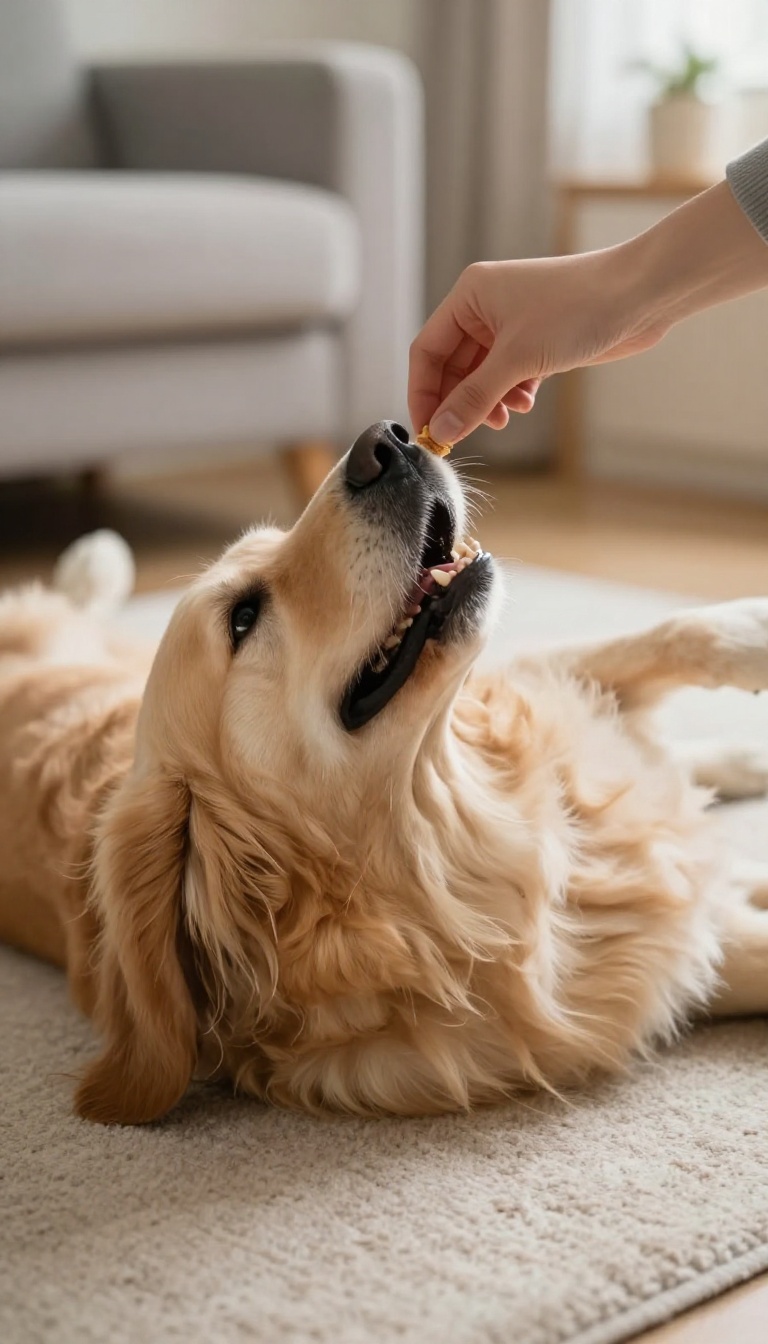 Golden retriever rolling over on a rug in a bright living room, guided by a treat