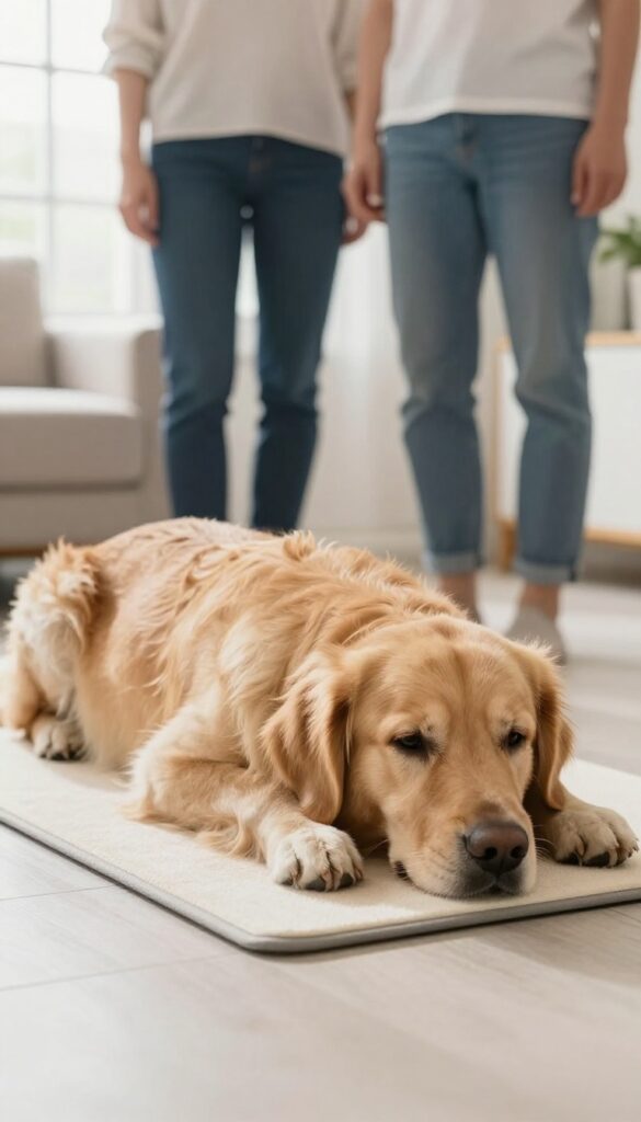 A calm dog lying on a mat while a person stands at a distance, illustrating the Calm Greeting Game for dog training.