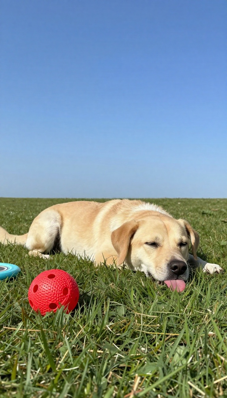 A tired, content dog resting on grass after playing with a ball and frisbee