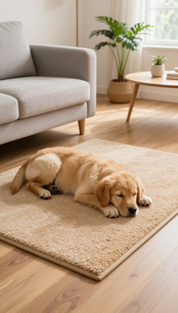 Golden retriever puppy calmly settling on a mat in a bright living room
