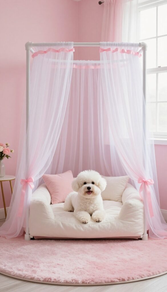 DIY PVC pipe canopy bed for a dog in a princess-themed room, with sheer fabric and pastel decor