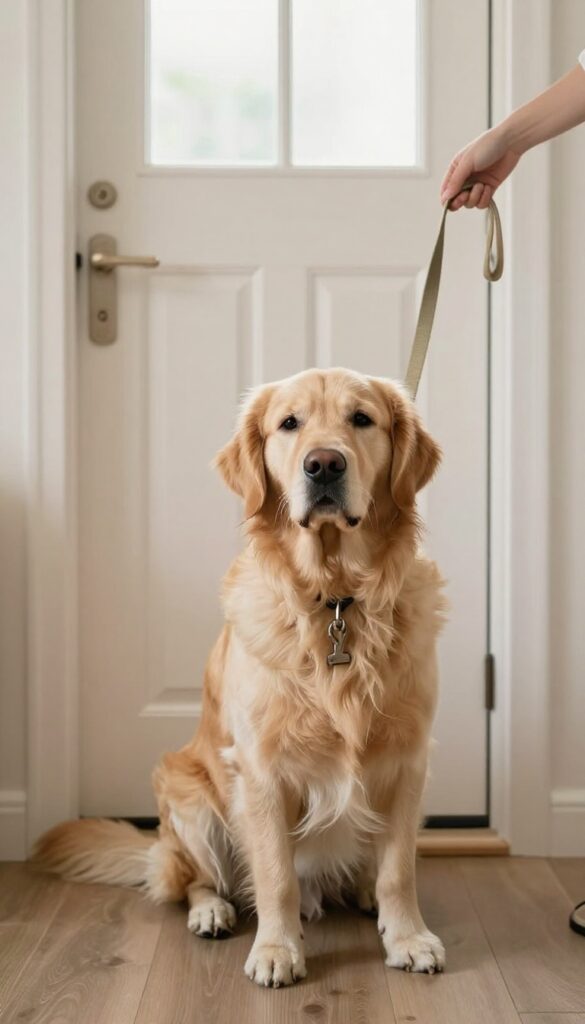 A dog sitting calmly on a leash near a front door, practicing doorbell etiquette.