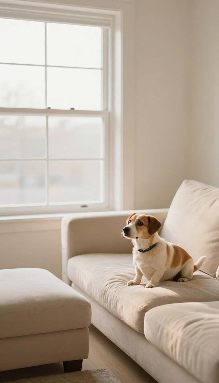 Dog playing hide-and-seek with a person in a bright living room