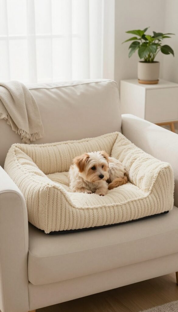 A cozy heated dog bed with a stylish knit cover on an armchair, with a small dog resting on it, in a bright living room.