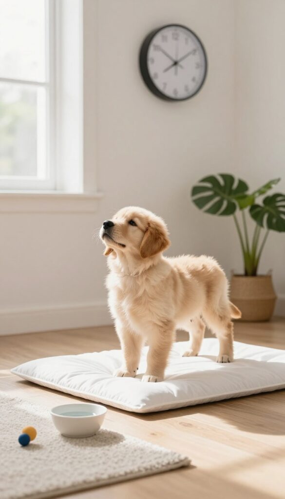Puppy standing on a training pad in a bright living room with a clock in the background, symbolizing a consistent potty schedule.