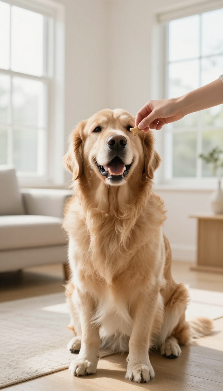Golden retriever learning to speak on command in a bright living room