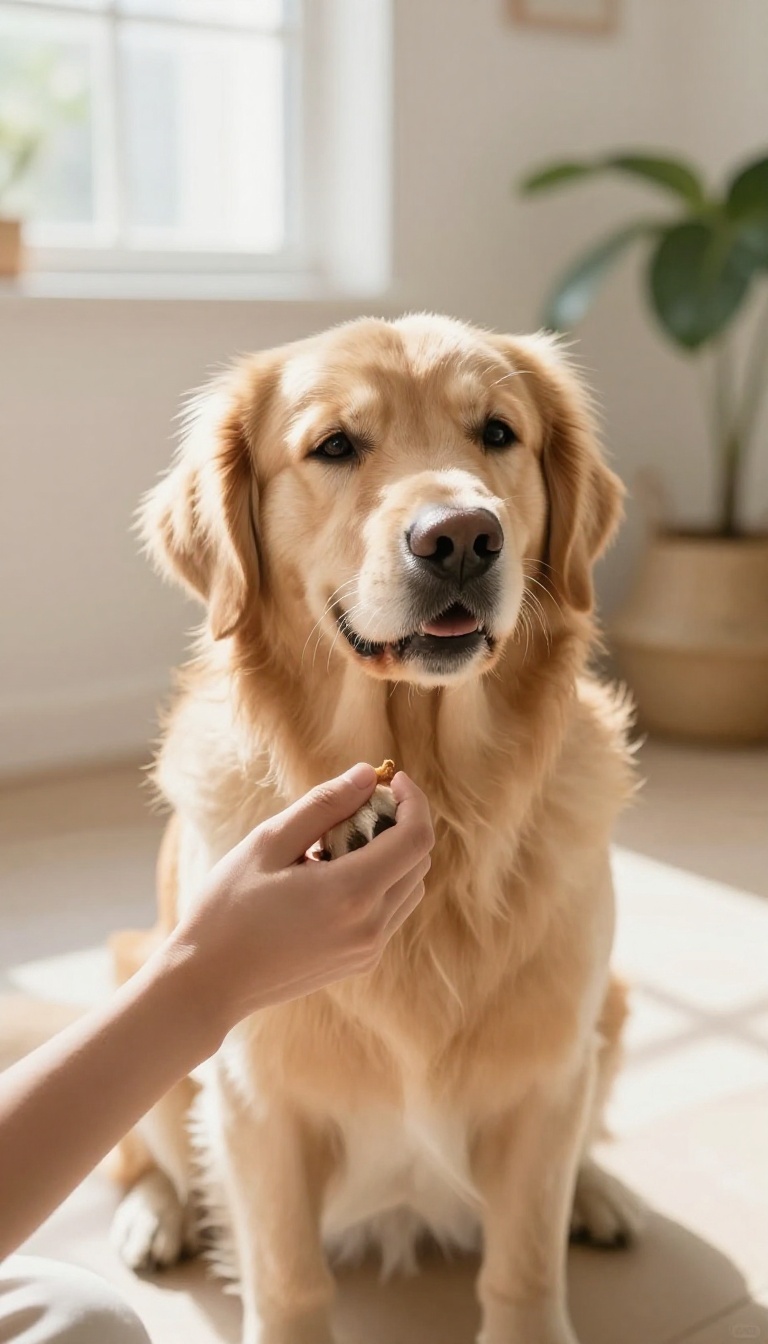 Person gently touching a dog's paw while giving a treat in a bright living room