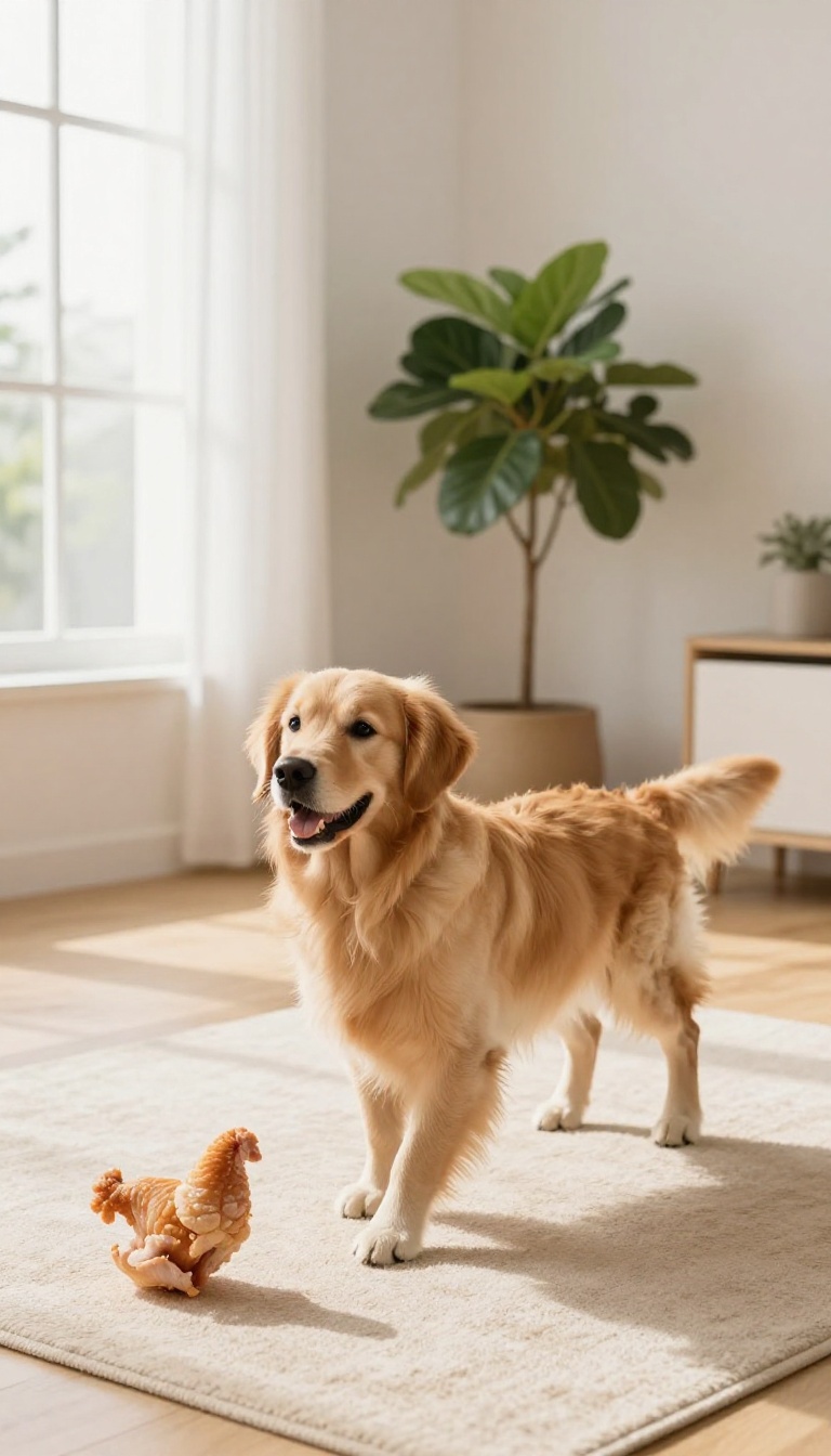 A golden retriever turning to look at the camera after a treat toss in a bright living room.