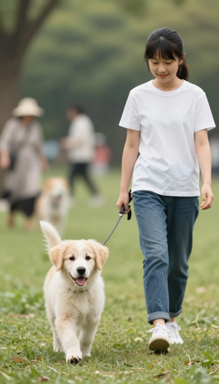 Puppy heeling with distractions in a busy park, looking at owner for a treat