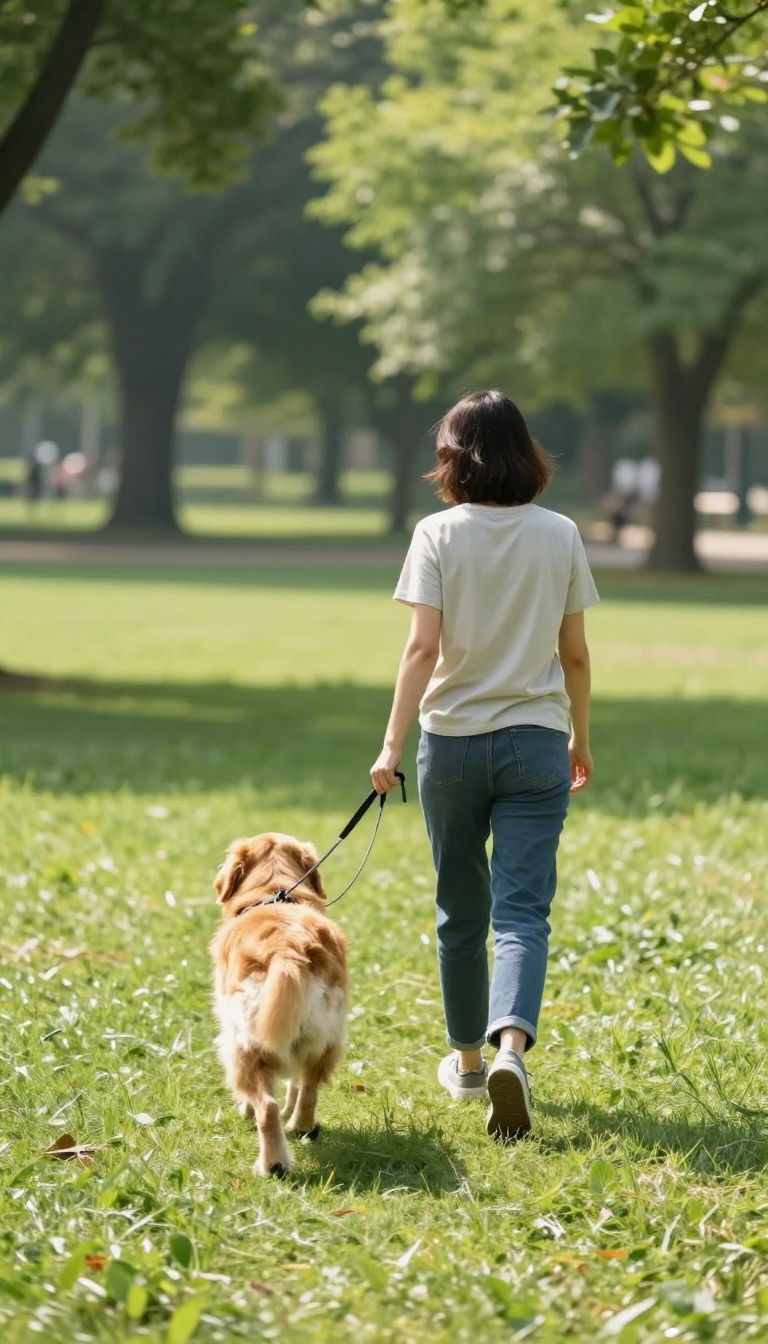 Person turning around while walking a dog on a loose leash in a park