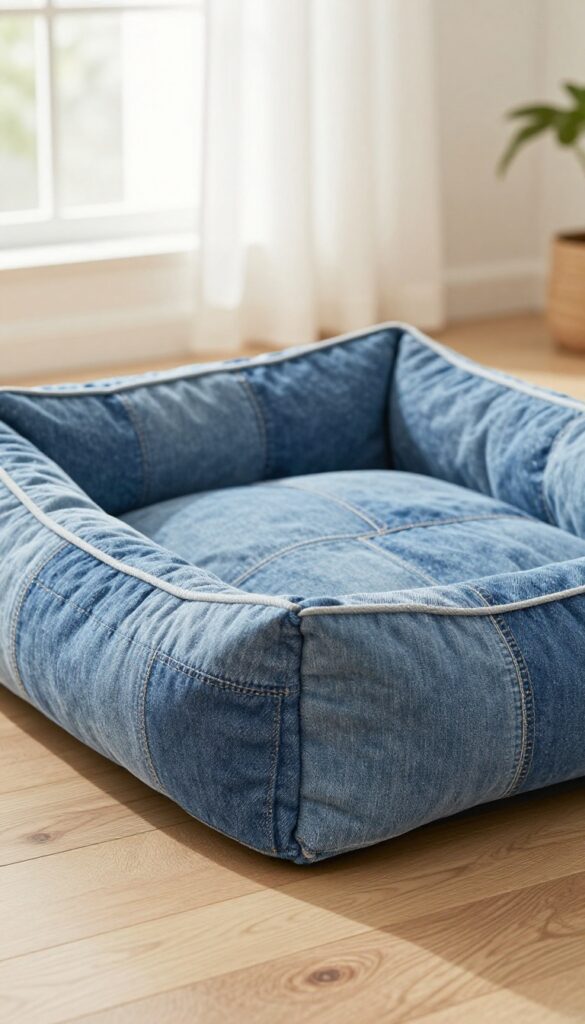 A quilted dog bed made from upcycled denim jeans, with a patchwork of blue denim squares and visible stitching, placed on a wooden floor in a bright room.