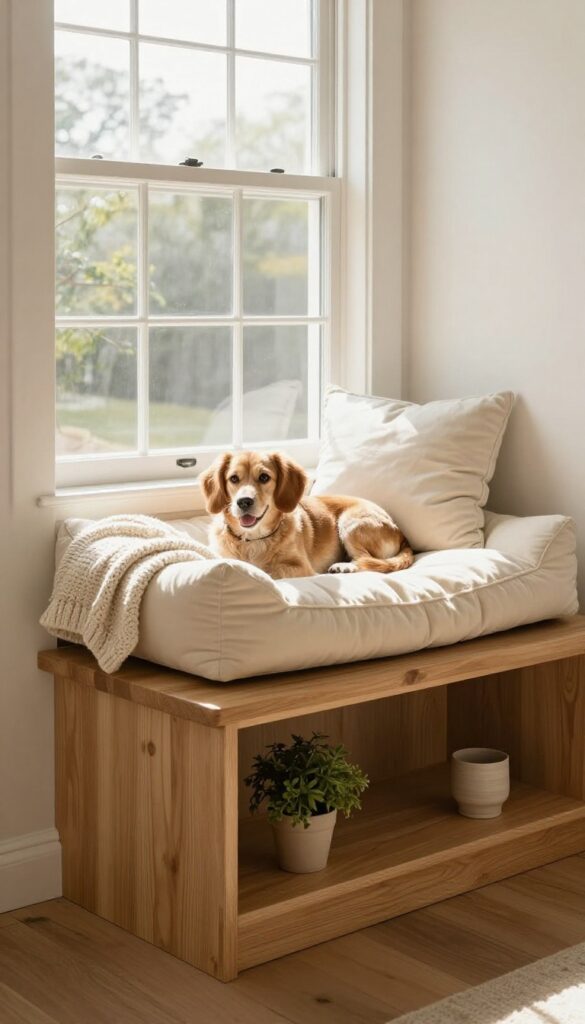 Built-in window seat dog bed with wooden bench and plush cushion in a sunlit bay window.